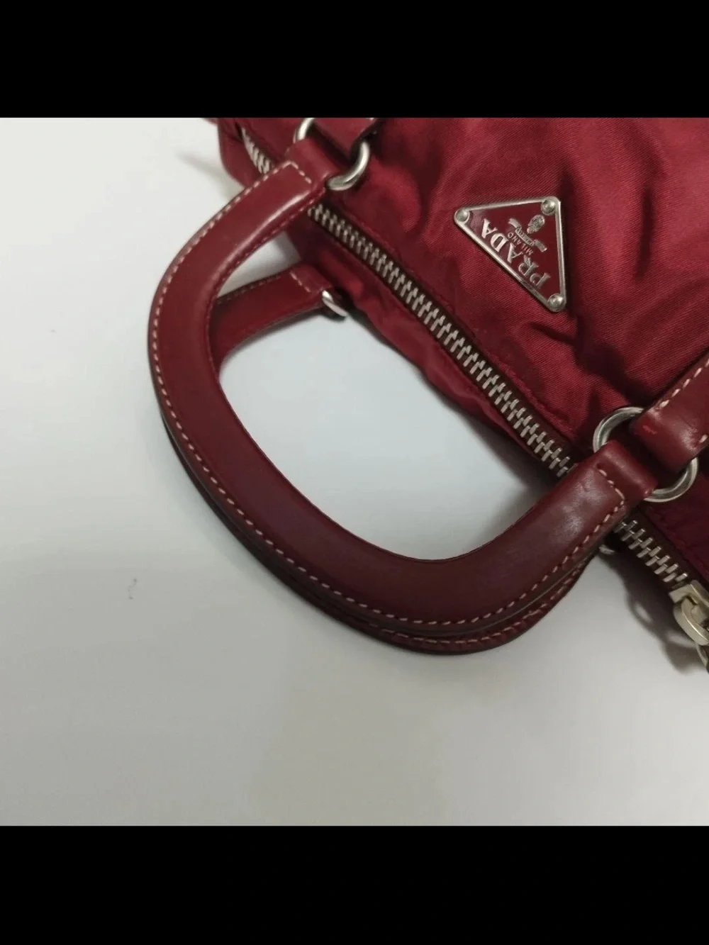 Prada Red Nylon Barrel Satchel with Leather Trim